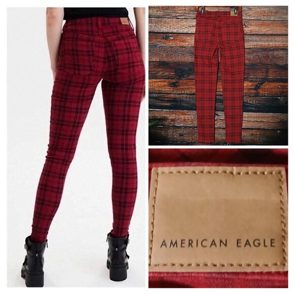 American Eagle Jeans Size 6 Hi Rise Jegging Red Black Plaid Next Level Stretch - Picture 1 of 10